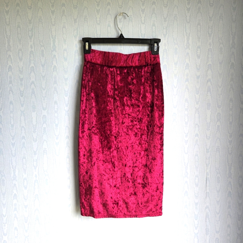 Stretch Crushed Velvet Midi Bodycon Pencil Skirt‎ Red Marked S Actual XS
